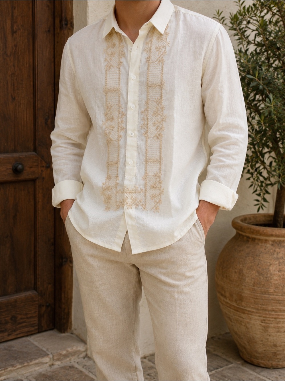 Men Cream Long Sleeve Blouse